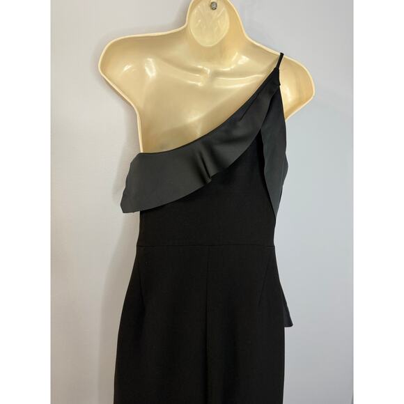 Halston Heritage One-Shoulder Draped Satin-Paneled Crepe Gown Black Dress Sz 4 - Picture 14 of 16